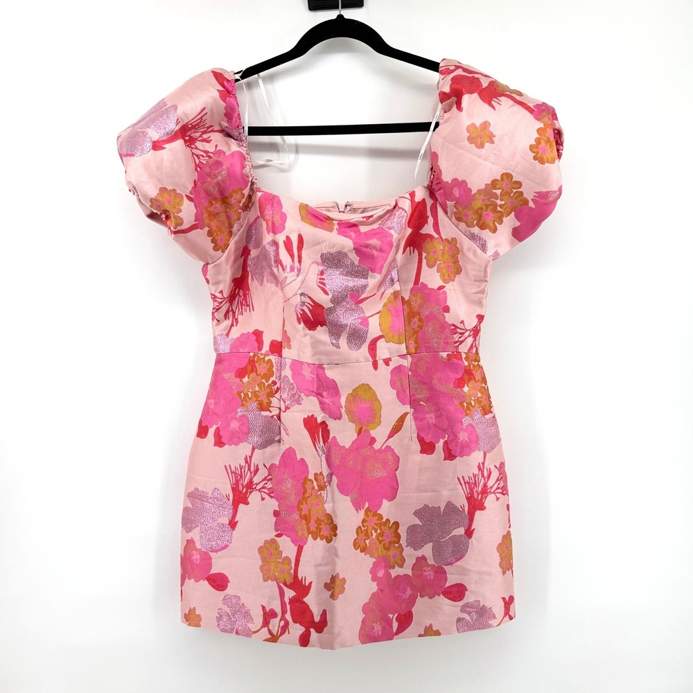 Lulus So Stunning‎ Floral Metallic L Pink Women Puff Sleeve Party Cocktail
